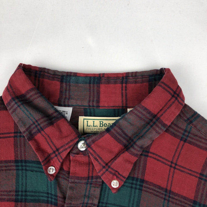 90'S LL Bean Long-Sleeve Button-Down Light Flannel Check Shirt, Made in USA, Men's Size XL (Equivalent), Vintage cotton red type Vintage Second Hand