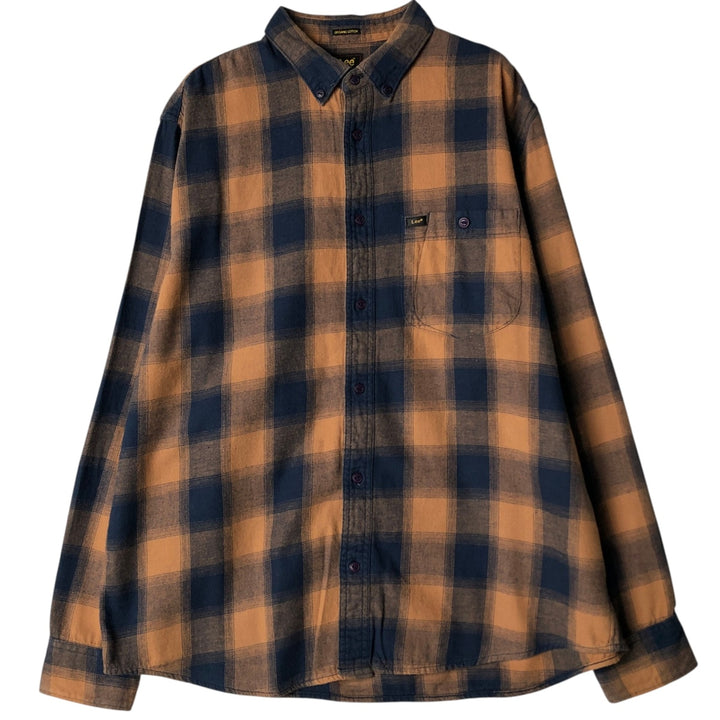 Lee Relaxed Fit Long-Sleeve Button-Down Light Flannel Check Shirt, Men's Size L (approx.) cotton ocher yellow type Vintage Second Hand