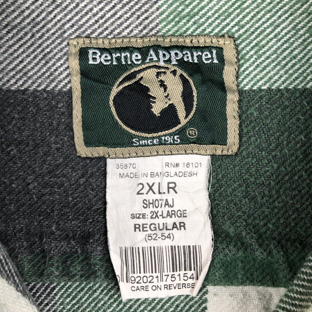 BERNE APPAREL Check Pattern Long-Sleeve Flannel Check Shirt, Men's XXL (approx.) cotton green type Vintage Second Hand
