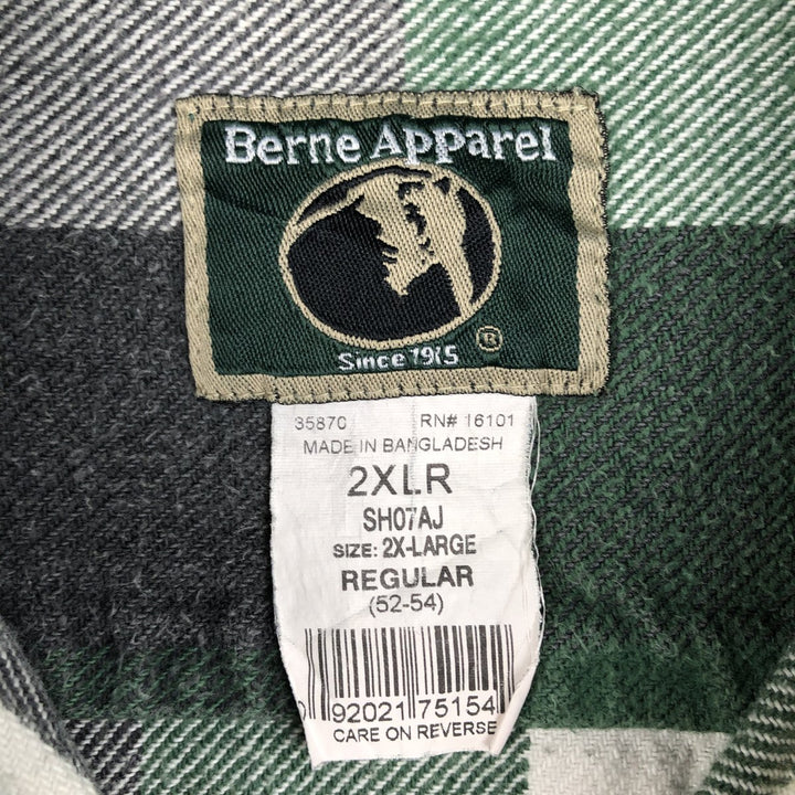 BERNE APPAREL Check Pattern Long-Sleeve Flannel Check Shirt, Men's XXL (approx.) cotton green type Vintage Second Hand