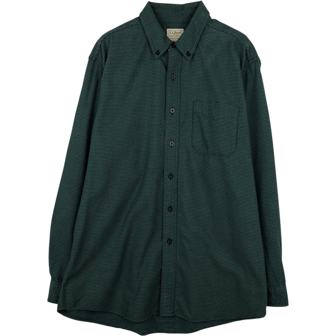 90s-00'S LLBean Traditional Fit Houndstooth Pattern Long-Sleeve Button-Down Light Flannel Shirt, Men's Size L (approx.) cotton green type Vintage Second Hand