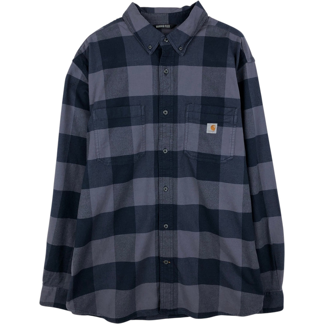 Carhartt Relaxed Fit Buffalo Check Herringbone Long-Sleeve Button-Down Light Flannel Check Shirt, Men's Size XL (approx.) cotton navy blue type Vintage Second Hand
