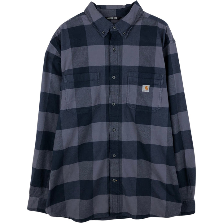 Carhartt Relaxed Fit Buffalo Check Herringbone Long-Sleeve Button-Down Light Flannel Check Shirt, Men's Size XL (approx.) cotton navy blue type Vintage Second Hand