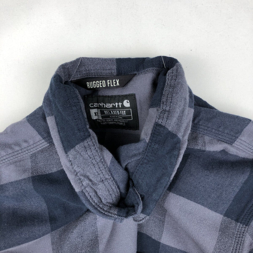 Carhartt Relaxed Fit Buffalo Check Herringbone Long-Sleeve Button-Down Light Flannel Check Shirt, Men's Size XL (approx.) cotton navy blue type Vintage Second Hand