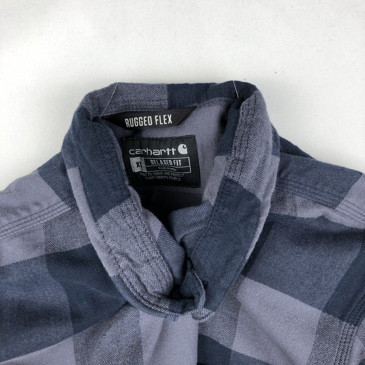 Carhartt Relaxed Fit Buffalo Check Herringbone Long-Sleeve Button-Down Light Flannel Check Shirt, Men's Size XL (approx.) cotton navy blue type Vintage Second Hand