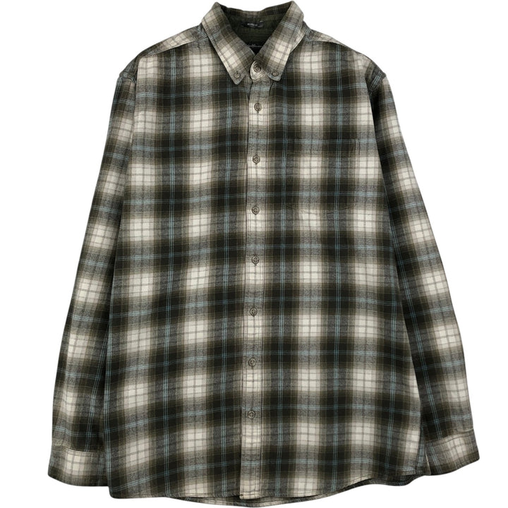 Eddie Bauer Relaxed Fit Long Sleeve Button-Down Flannel Check Shirt, Men's Size L (approx.) cotton Khaki type Vintage Second Hand