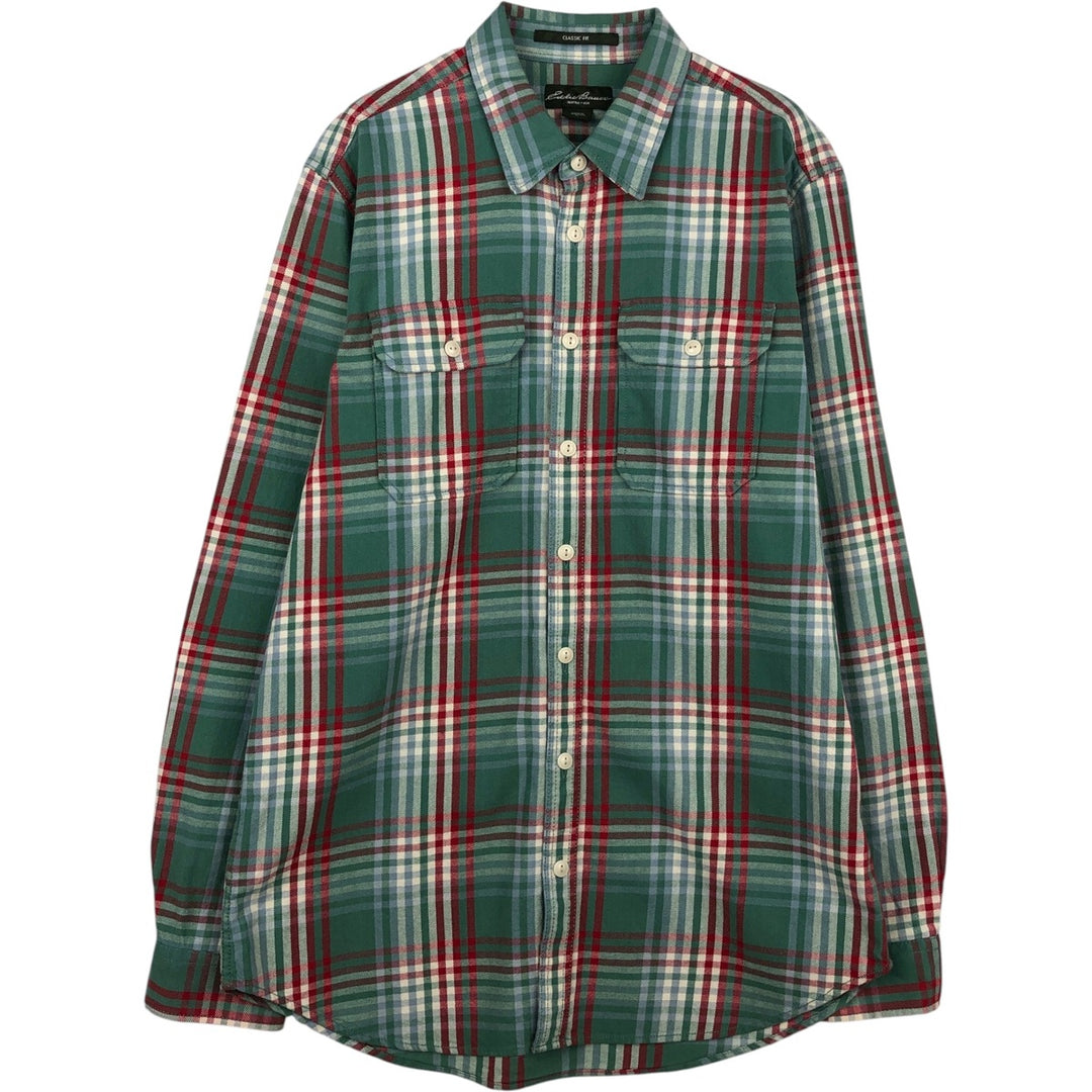 Eddie Bauer Classic Fit Long Sleeve Flannel Check Shirt, Men's Size L cotton green type Vintage Second Hand