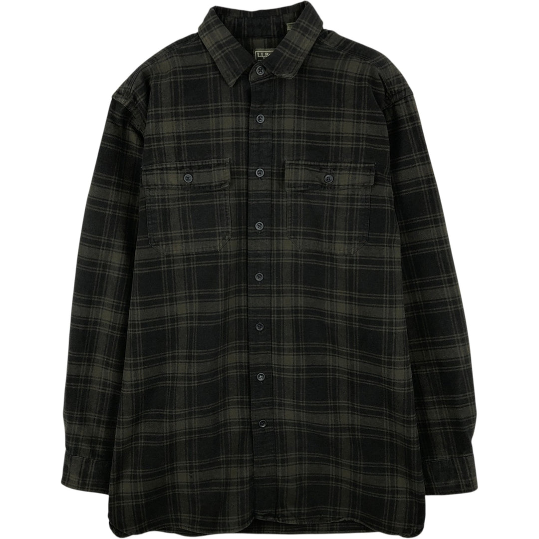 LLBean Long-Sleeve Flannel Check Shirt, Made in USA, Men's Size L (Equivalent), Vintage cotton Khaki type Vintage Second Hand