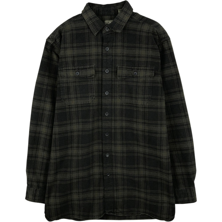 LLBean Long-Sleeve Flannel Check Shirt, Made in USA, Men's Size L (Equivalent), Vintage cotton Khaki type Vintage Second Hand