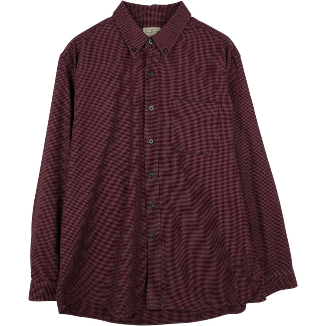 90s-00'S LLBean Houndstooth Pattern Long-Sleeve Button-Down Light Flannel Check Shirt, Men's Size L (Equivalent), Vintage cotton wine-red Vintage Second Hand