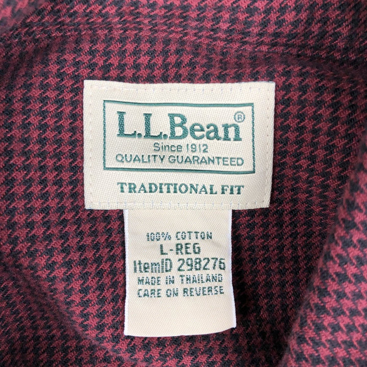 90s-00'S LLBean Houndstooth Pattern Long-Sleeve Button-Down Light Flannel Check Shirt, Men's Size L (Equivalent), Vintage cotton wine-red Vintage Second Hand