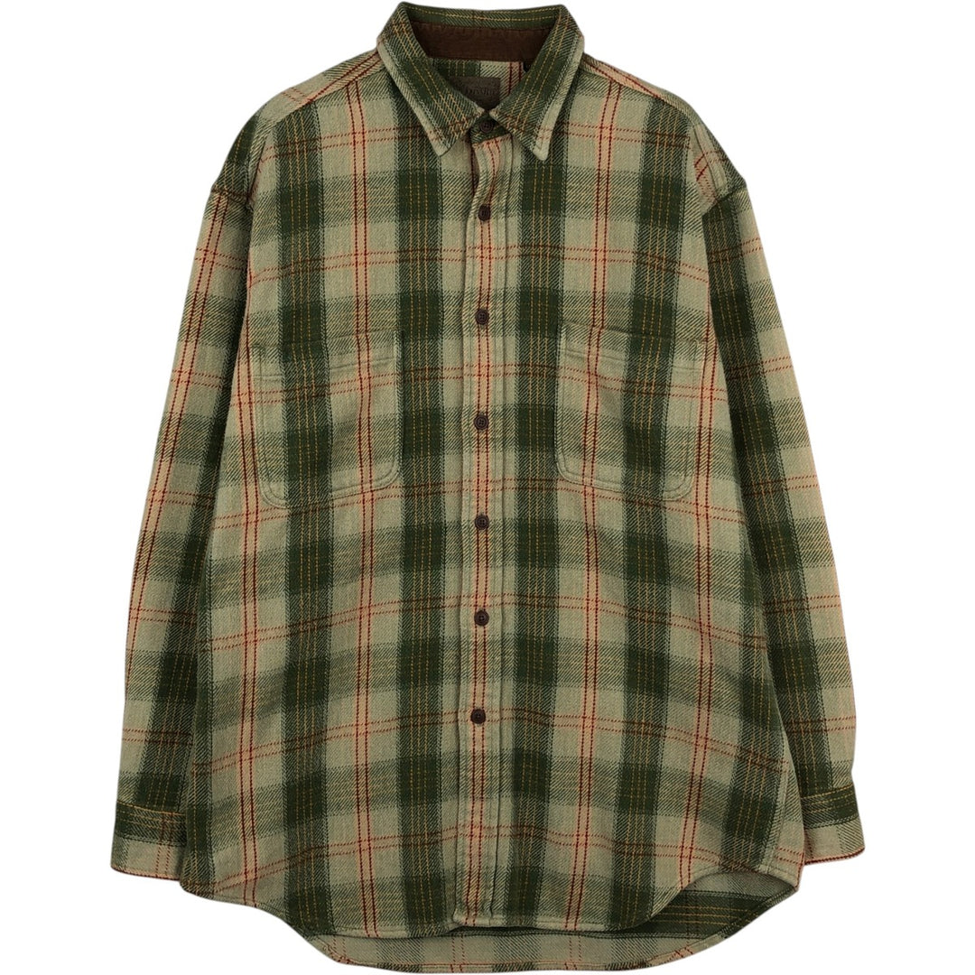 90s-00'S St. John's Bay long-sleeved flannel check shirt, men's size L cotton green type yellow green Vintage Second Hand