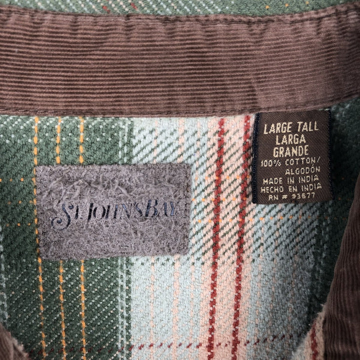 90s-00'S St. John's Bay long-sleeved flannel check shirt, men's size L cotton green type yellow green Vintage Second Hand