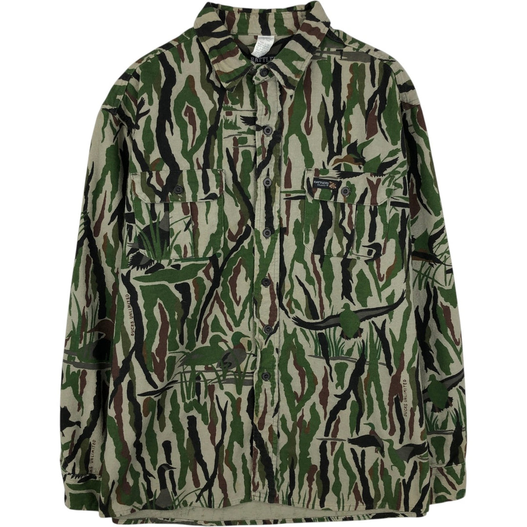 90'S RATTLERS Camouflage Pattern Long-Sleeve Chamois Cloth Shirt, Made in USA, Men's XL (approx.), Vintage cotton Khaki type Vintage Second Hand