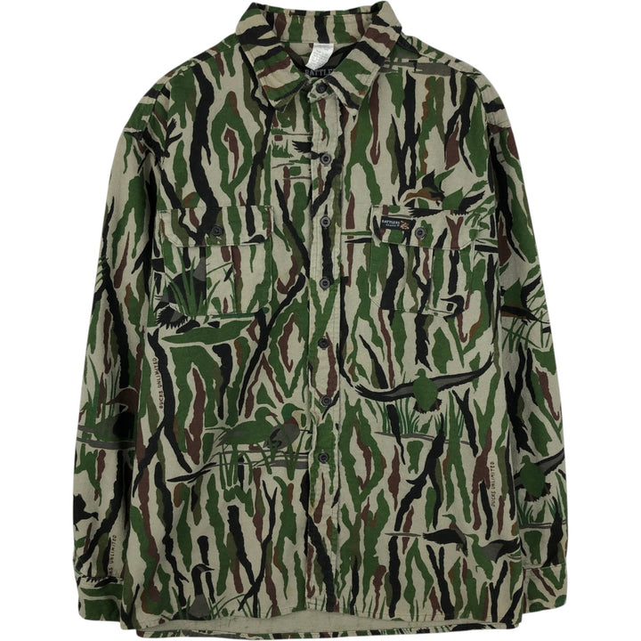 90'S RATTLERS Camouflage Pattern Long-Sleeve Chamois Cloth Shirt, Made in USA, Men's XL (approx.), Vintage cotton Khaki type Vintage Second Hand