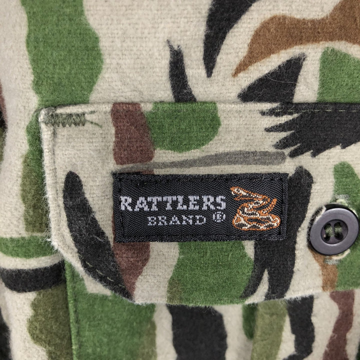 90'S RATTLERS Camouflage Pattern Long-Sleeve Chamois Cloth Shirt, Made in USA, Men's XL (approx.), Vintage cotton Khaki type Vintage Second Hand