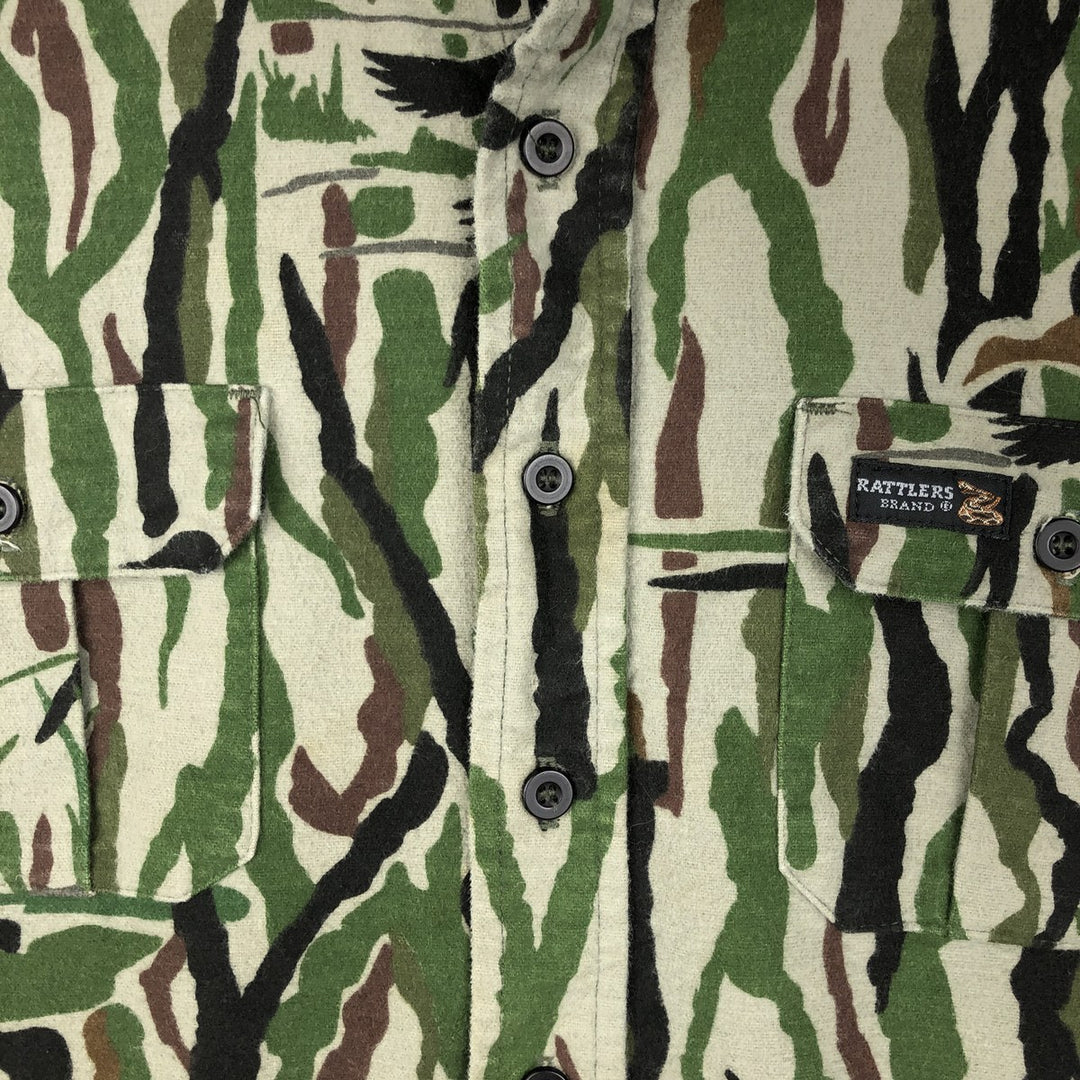 90'S RATTLERS Camouflage Pattern Long-Sleeve Chamois Cloth Shirt, Made in USA, Men's XL (approx.), Vintage cotton Khaki type Vintage Second Hand