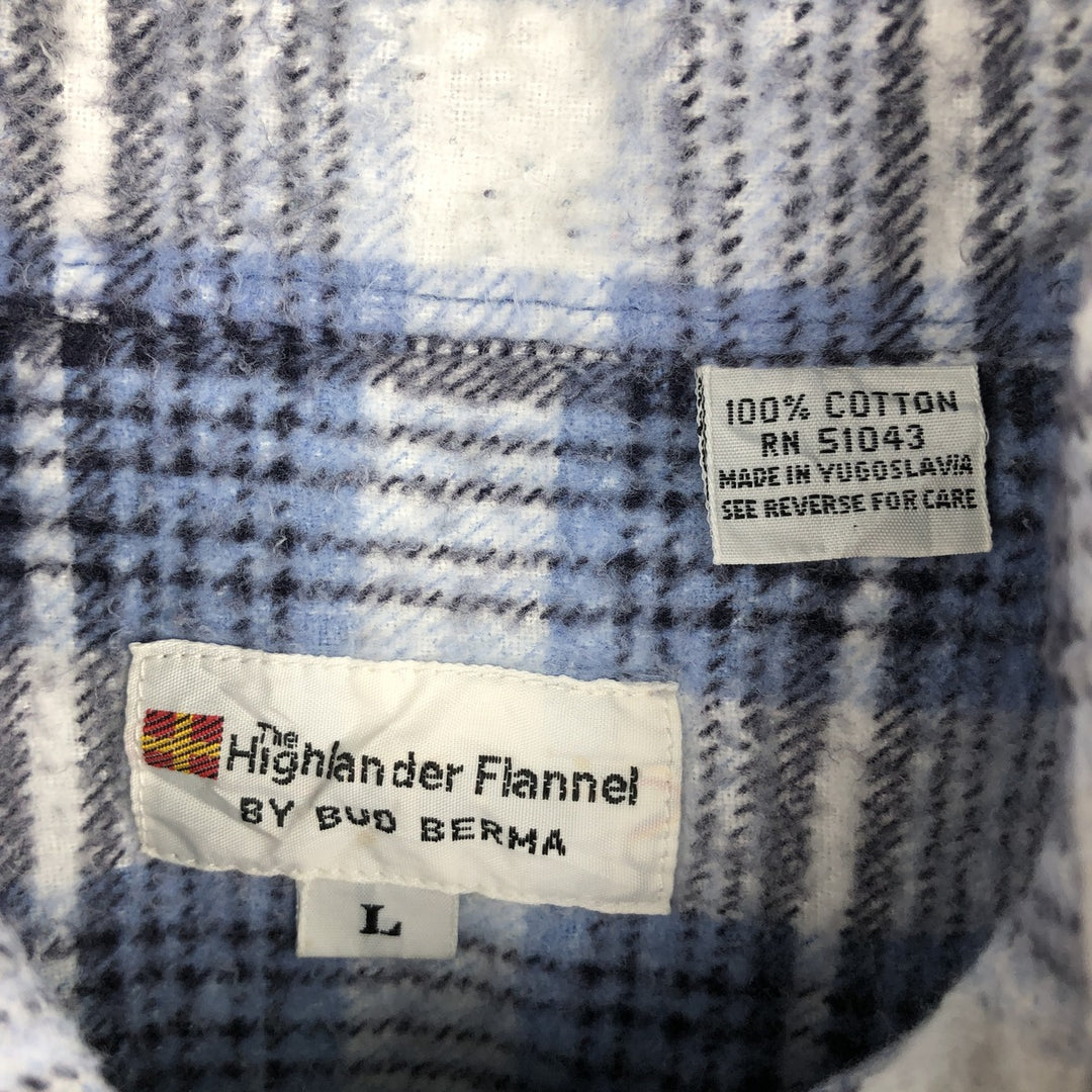 BUD BERMA Long-Sleeve Printed Flannel Check Shirt, Men's Size L (Equivalent), Vintage cotton blue type Vintage Second Hand