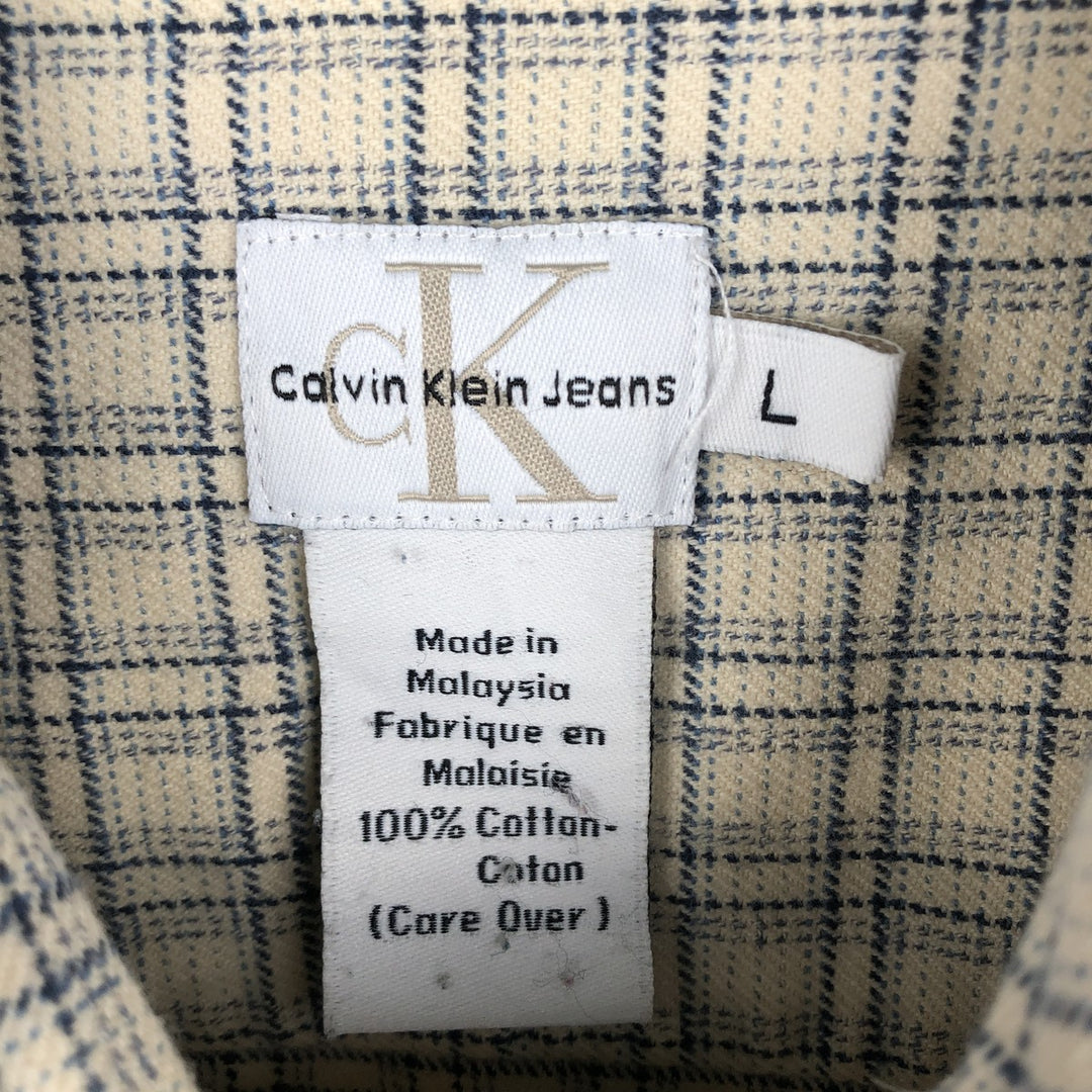90s-00'S Calvin Klein Jeans Long-Sleeve Light Flannel Check Shirt, Men's Size L (approx.), Vintage cotton ivory Vintage Second Hand