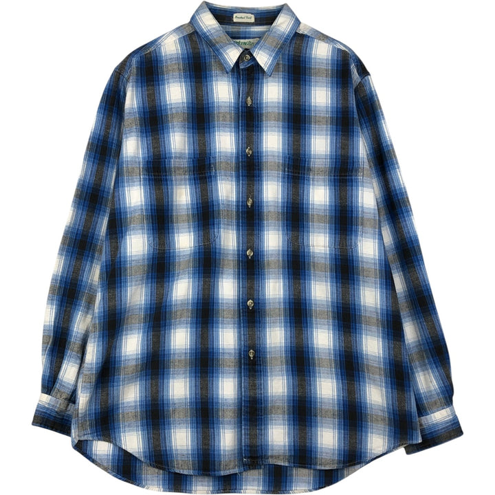 90'S St. John's Bay Ombre Check Long-Sleeve Light Flannel Check Shirt, Made in USA, Men's Size L (Equivalent), Vintage cotton blue type Vintage Second Hand