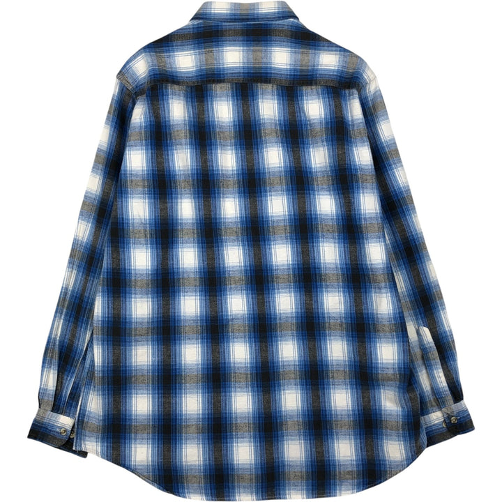 90'S St. John's Bay Ombre Check Long-Sleeve Light Flannel Check Shirt, Made in USA, Men's Size L (Equivalent), Vintage cotton blue type Vintage Second Hand