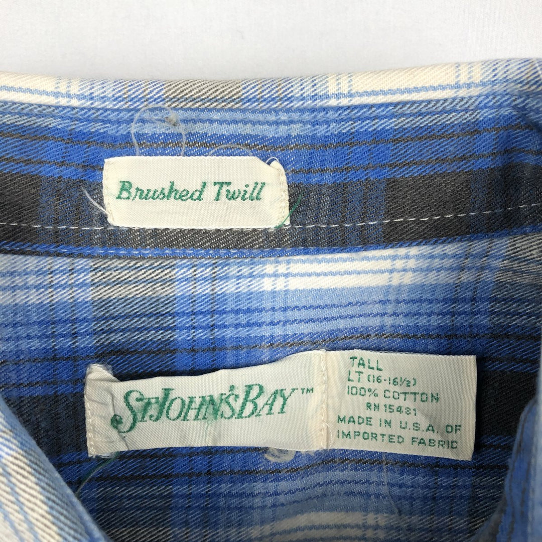 90'S St. John's Bay Ombre Check Long-Sleeve Light Flannel Check Shirt, Made in USA, Men's Size L (Equivalent), Vintage cotton blue type Vintage Second Hand