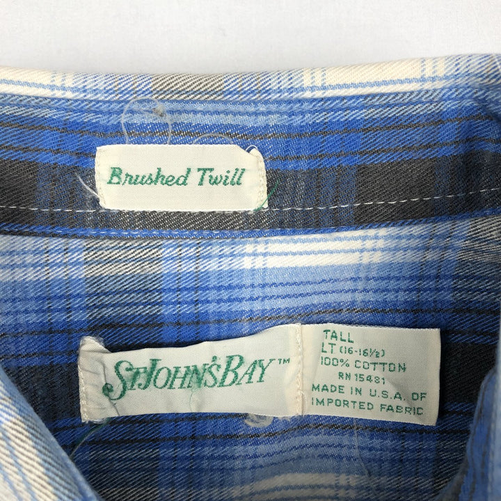 90'S St. John's Bay Ombre Check Long-Sleeve Light Flannel Check Shirt, Made in USA, Men's Size L (Equivalent), Vintage cotton blue type Vintage Second Hand