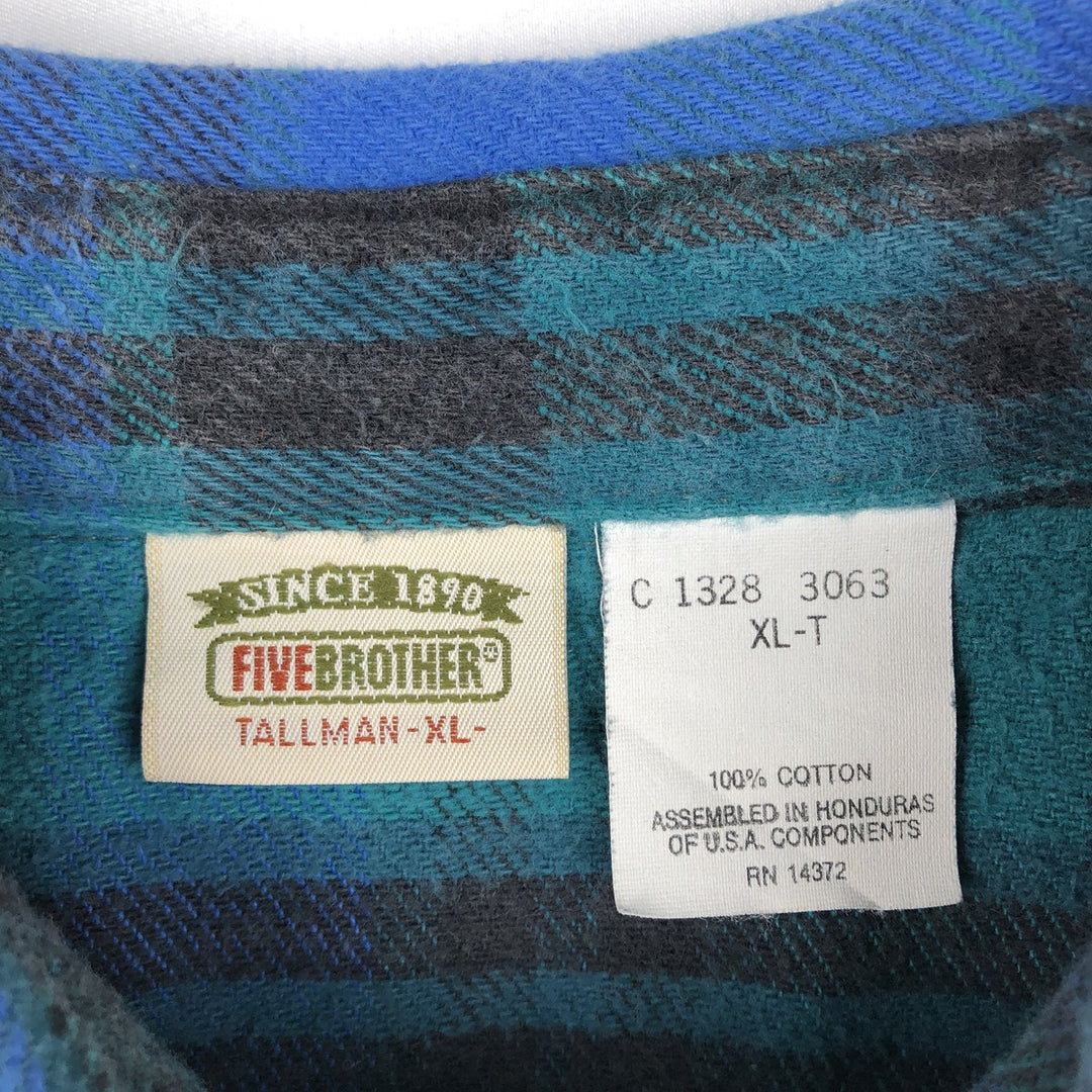 90'S Five Brother Long Sleeve Flannel Check Shirt Men's XL Vintage cotton blue type Vintage Second Hand