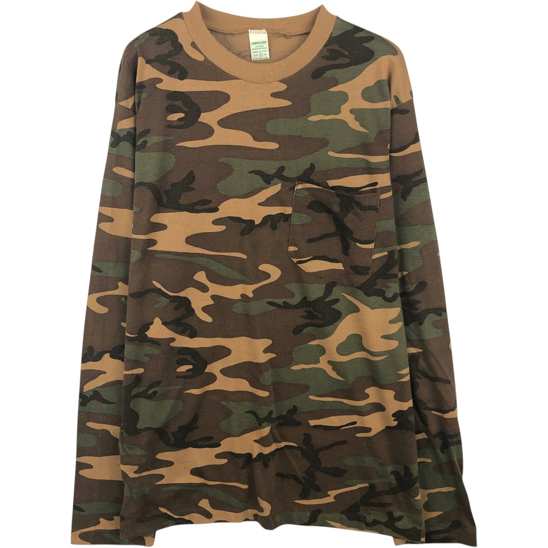 ~90'S CHAMELEON Camouflage Pattern Woodland Camo Long-Sleeve T-Shirt, Made in USA, Men's XL Equivalent, Vintage polyester brown type Vintage Second Hand