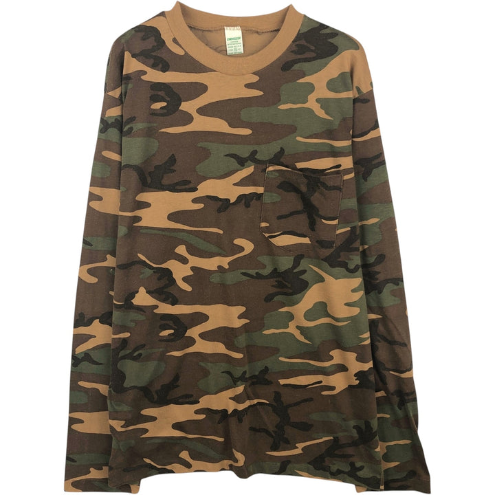 ~90'S CHAMELEON Camouflage Pattern Woodland Camo Long-Sleeve T-Shirt, Made in USA, Men's XL Equivalent, Vintage polyester brown type Vintage Second Hand
