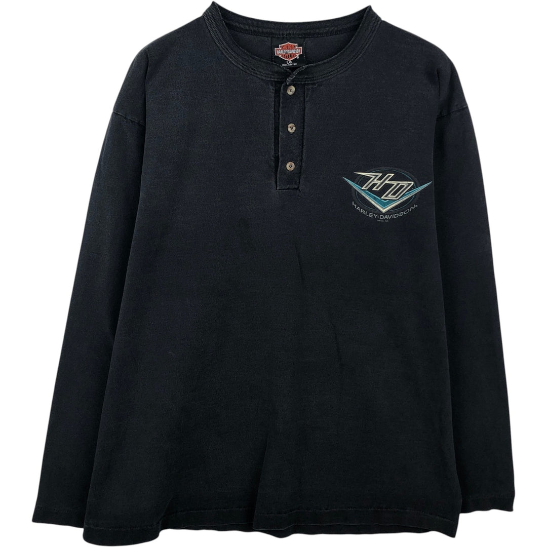 90'S Harley-Davidson Henley Neck Motorcycle Long-Sleeve T-Shirt, Made in USA, Men's Size L (approx.) cotton black type Vintage Second Hand
