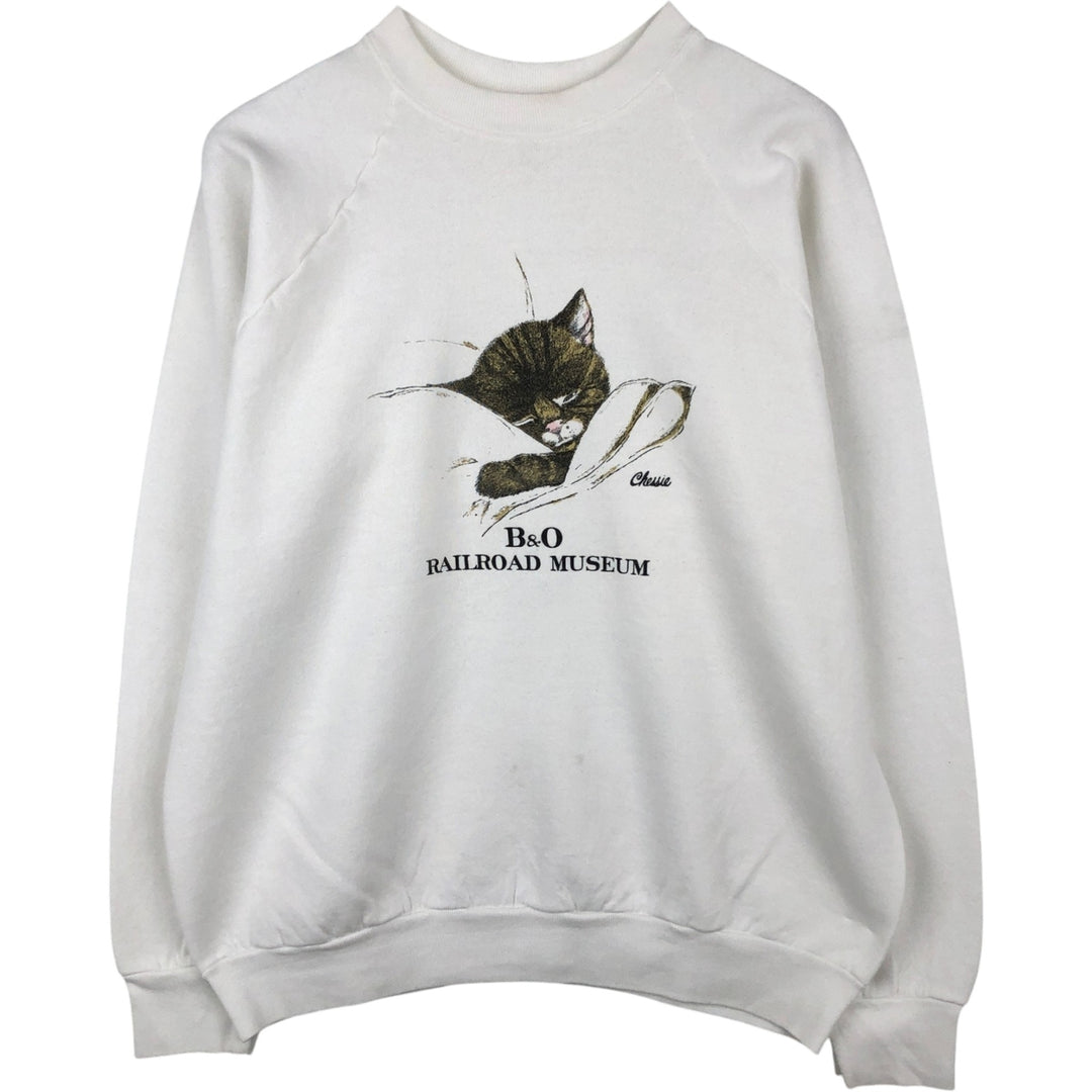 90'S Fruit of the Loom Cat Pattern Animal Sweatshirt, Men's Size L (approx.), Vintage unclear white type Vintage Second Hand