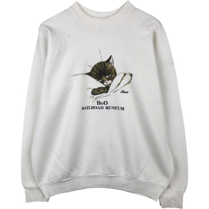 90'S Fruit of the Loom Cat Pattern Animal Sweatshirt, Men's Size L (approx.), Vintage unclear white type Vintage Second Hand