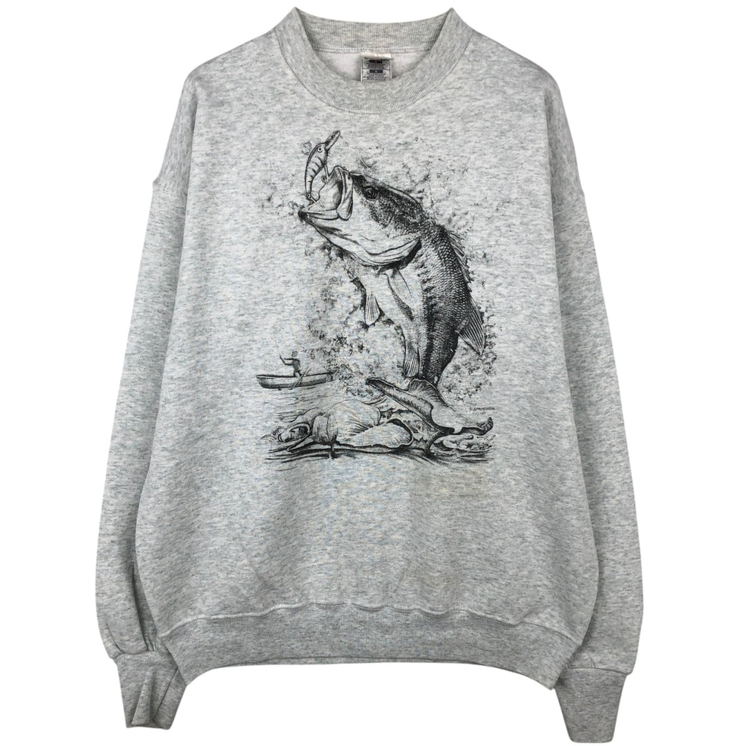 2000'S Fruit of the Loom Best Fish Print Animal Sweatshirt (Men's Size L) cotton gray type Vintage Second Hand