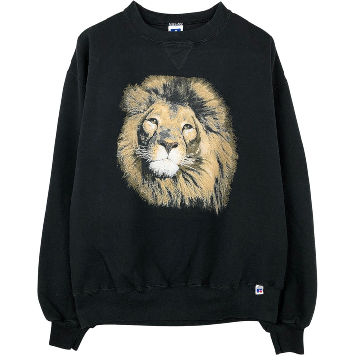90'S Russell Lion Pattern Animal Sweatshirt, Made in USA, Men's Size L (Equivalent), Vintage cotton black type Vintage Second Hand