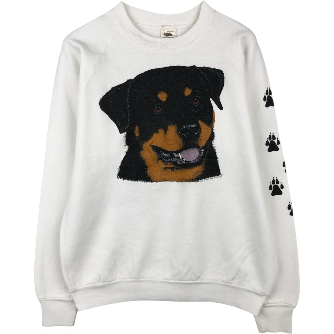 80s-90'S Fruit of the Loom dog print animal sweatshirt/trainer, made in USA, men's size L equivalent. cotton white type Vintage Second Hand