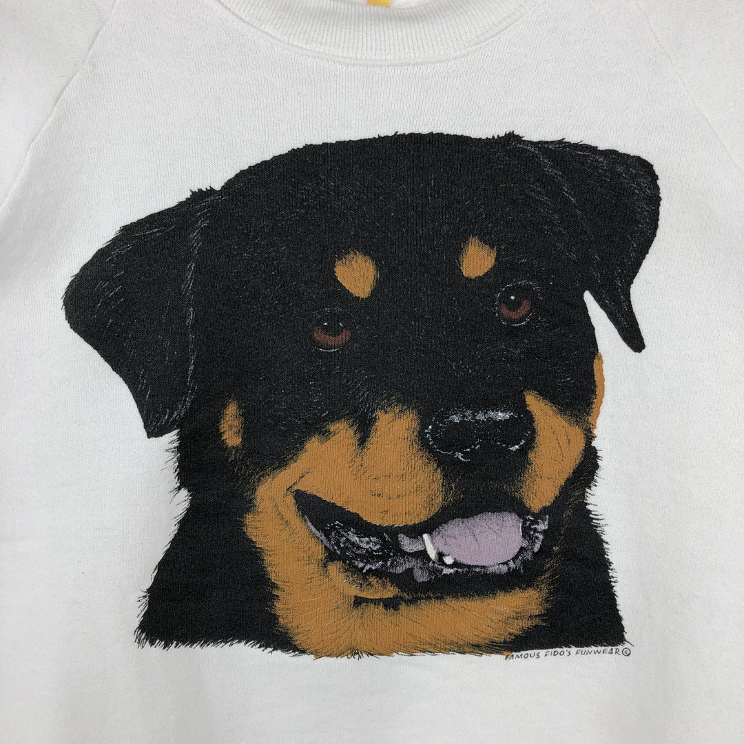 80s-90'S Fruit of the Loom dog print animal sweatshirt/trainer, made in USA, men's size L equivalent. cotton white type Vintage Second Hand