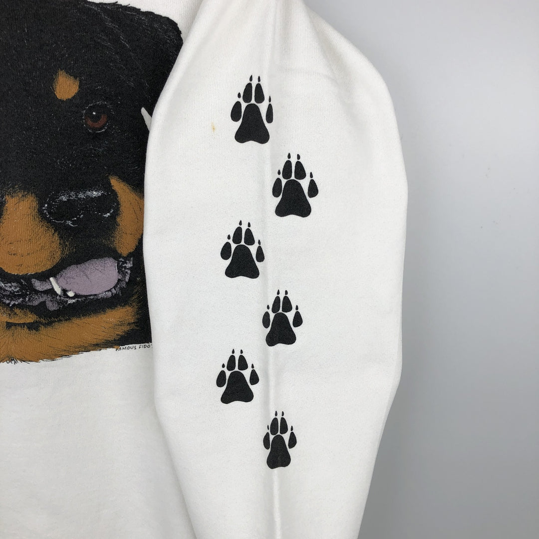 80s-90'S Fruit of the Loom dog print animal sweatshirt/trainer, made in USA, men's size L equivalent. cotton white type Vintage Second Hand