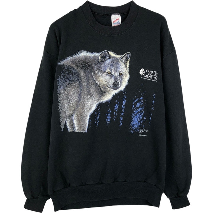 90'S Jerzees Wolf Pattern Animal Sweatshirt, Men's Size L (approx.), Vintage cotton black type Vintage Second Hand