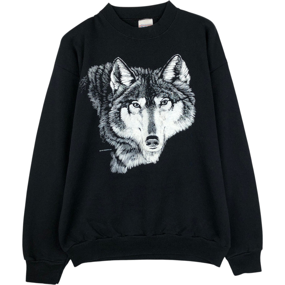 90'S Tartex TULTEX Wolf Pattern Animal Sweatshirt Trainer Made in USA Men's XL Vintage cotton black type Vintage Second Hand