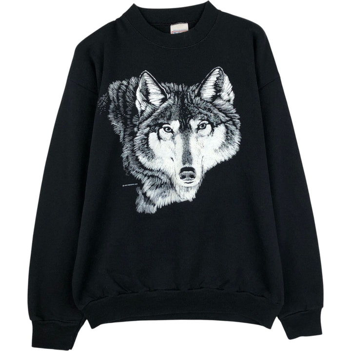 90'S Tartex TULTEX Wolf Pattern Animal Sweatshirt Trainer Made in USA Men's XL Vintage cotton black type Vintage Second Hand