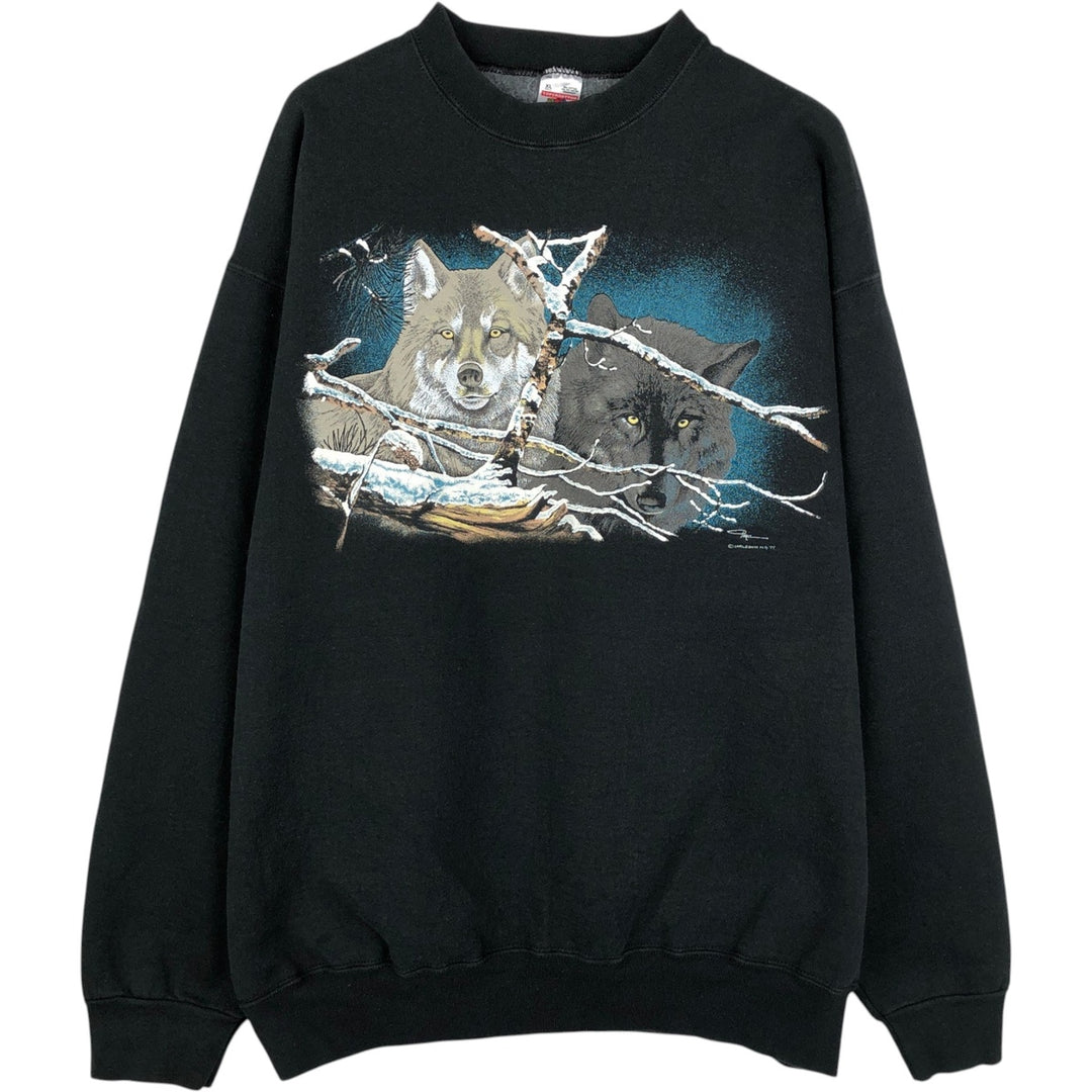 90'S Fruit of the Loom Wolf Pattern Animal Sweatshirt, Made in USA, Men's Size XL, Vintage cotton black type Vintage Second Hand
