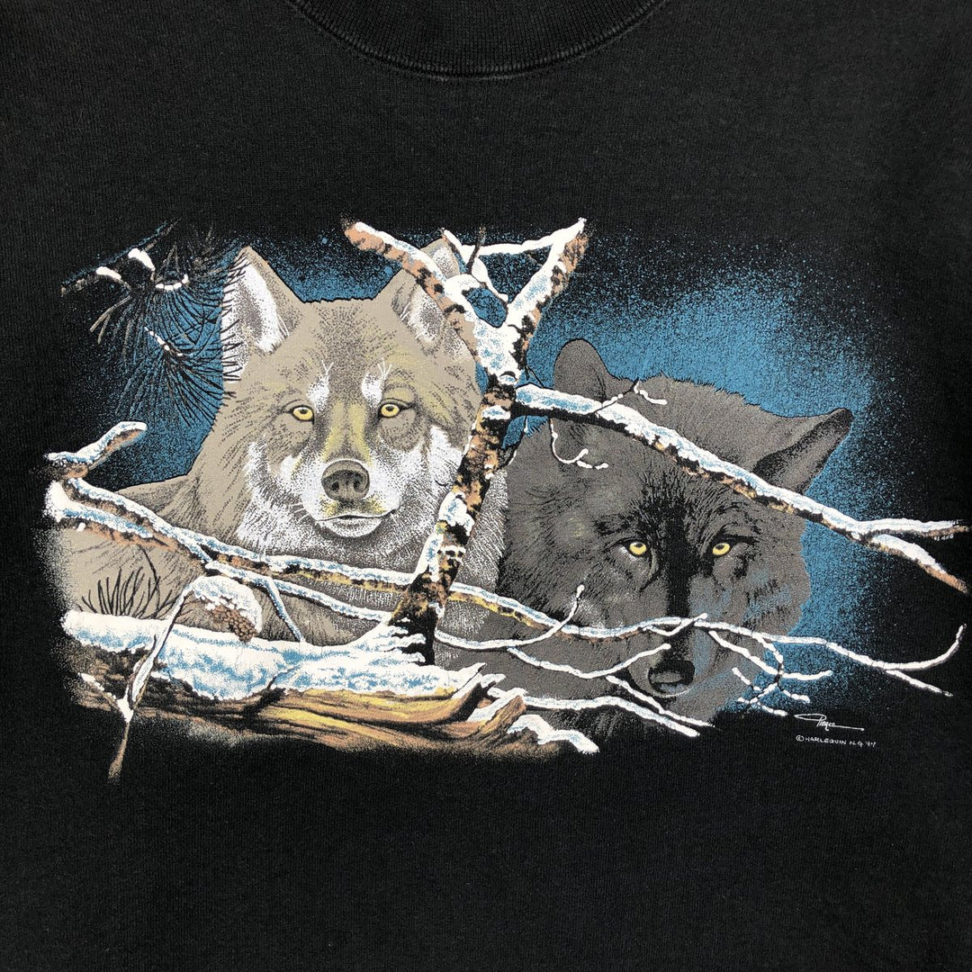90'S Fruit of the Loom Wolf Pattern Animal Sweatshirt, Made in USA, Men's Size XL, Vintage cotton black type Vintage Second Hand