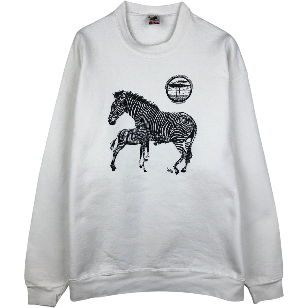 90'S Fruit of the Loom Zebra Pattern Animal Sweatshirt, Made in USA, Men's XL equivalent, Vintage cotton white type Vintage Second Hand