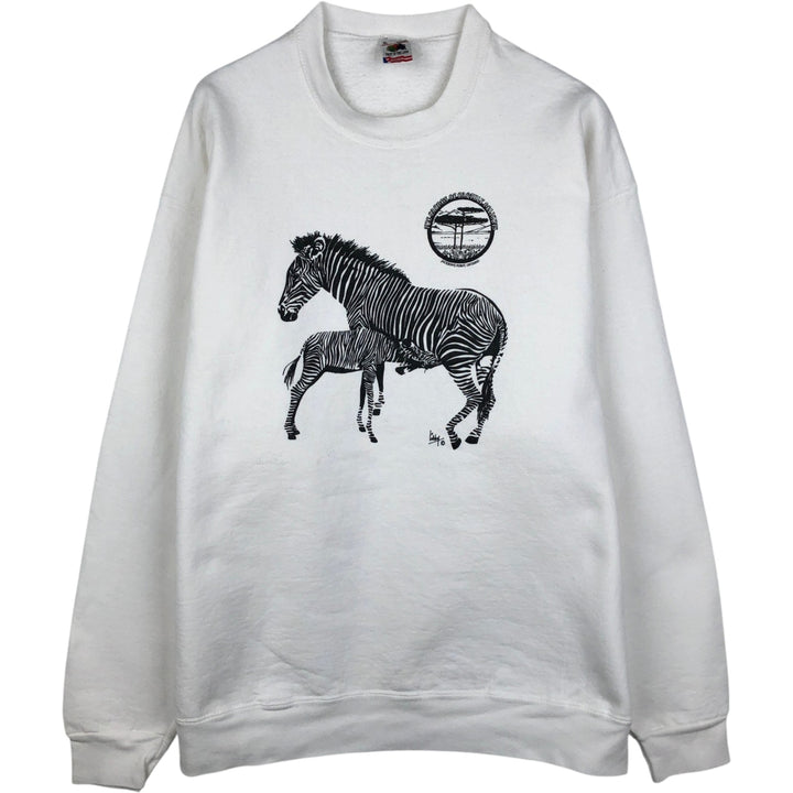 90'S Fruit of the Loom Zebra Pattern Animal Sweatshirt, Made in USA, Men's XL equivalent, Vintage cotton white type Vintage Second Hand