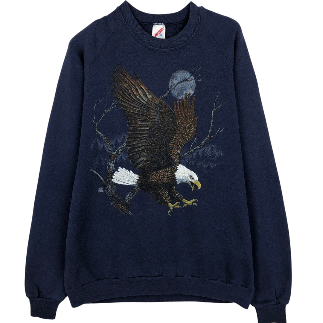 80s-90'S JERSEYS Eagle Pattern Animal Sweatshirt, Made in USA, Men's XXL equivalent, Vintage cotton navy blue type Vintage Second Hand