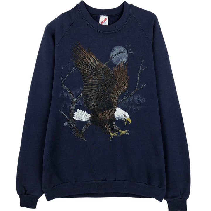 80s-90'S JERSEYS Eagle Pattern Animal Sweatshirt, Made in USA, Men's XXL equivalent, Vintage cotton navy blue type Vintage Second Hand