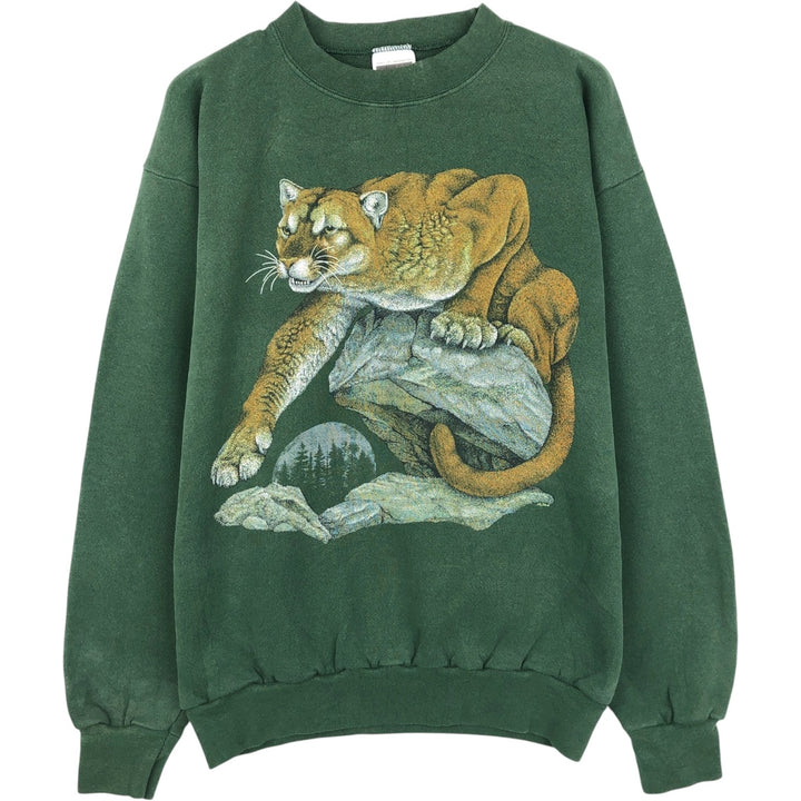 90'S TULTEX Tiger Pattern Animal Sweatshirt, Made in USA, Men's Size L (Equivalent), Vintage cotton Green type dark green Vintage Second Hand