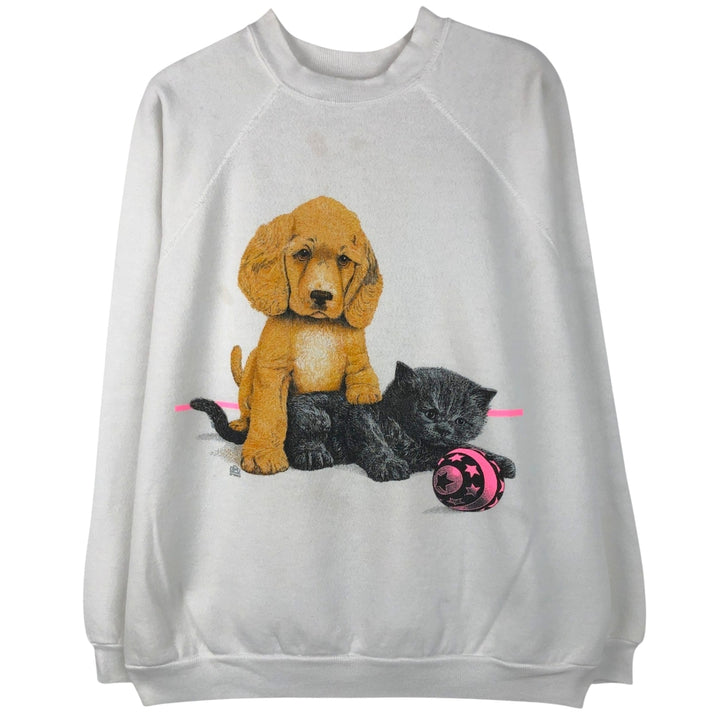80'S TULTEX Animal Sweatshirt with Dog and Cat Pattern, Made in USA, Men's Size L (Equivalent), Vintage cotton white type Vintage Second Hand