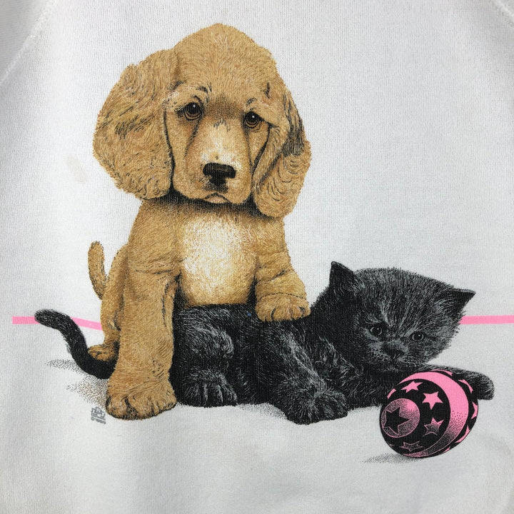80'S TULTEX Animal Sweatshirt with Dog and Cat Pattern, Made in USA, Men's Size L (Equivalent), Vintage cotton white type Vintage Second Hand